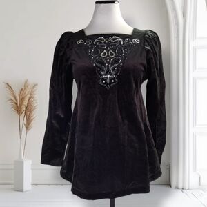 Vintage Tom Bezuda Gothic Velvet Top Size S Black Sequin Puff Sleeve